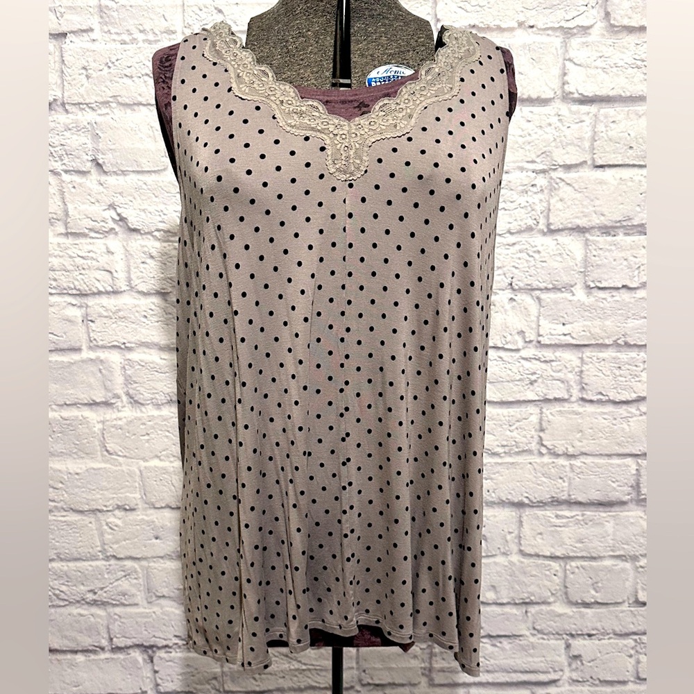 Grey and black dot sleeveless tank lace floral neckline Lane Bryant